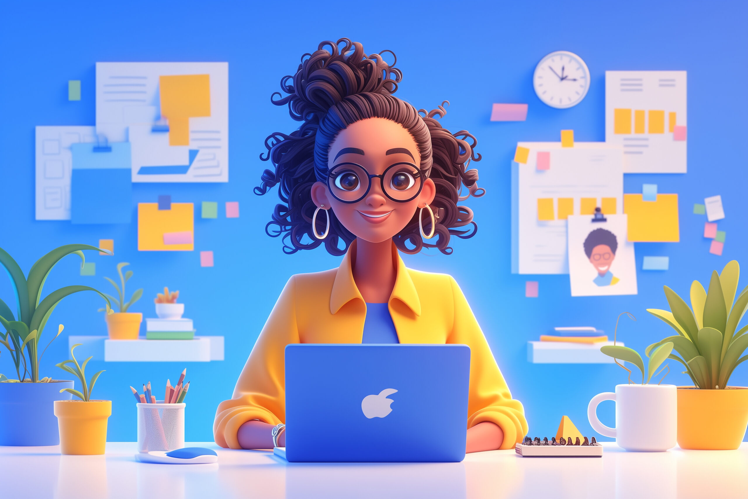 side view of a happy african american woman staring at laptop screen, office background, 3d cartoon, 3d character --ar 3:2 --stylize 250 --niji 6 Job ID: 6849ce5b-2d57-44b6-ac6d-3b3d68823023